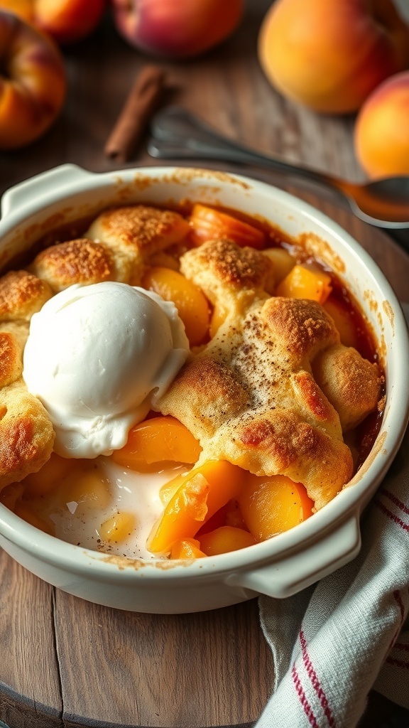 Lazy Man A delicious peach cobbler with golden crust and bubbling peach filling, served with ice cream on a rustic table.