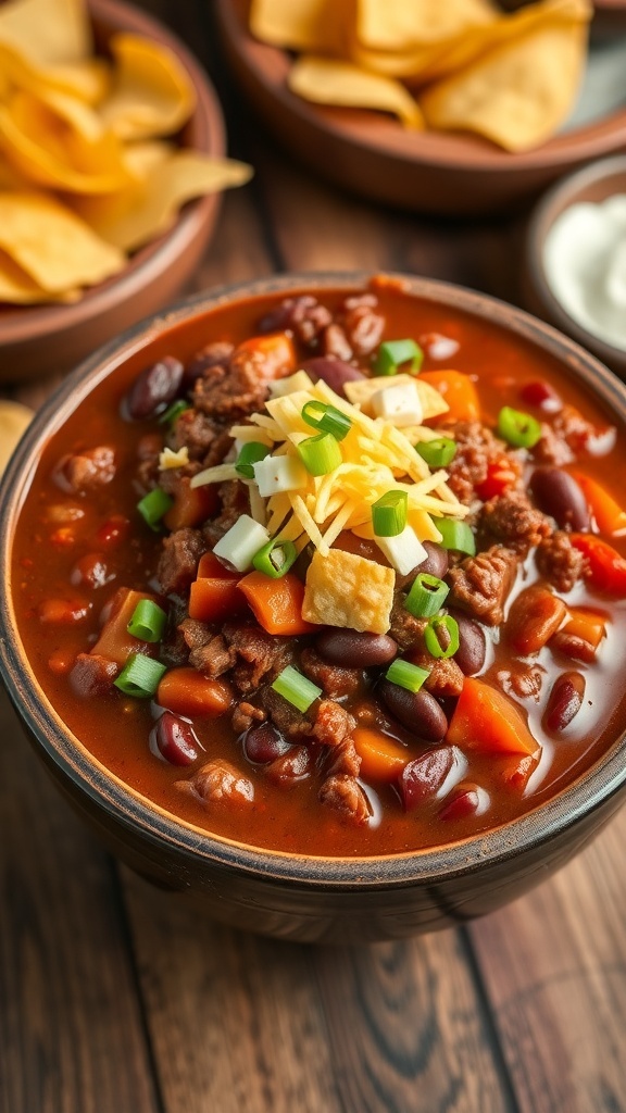 Hearty Chili con Carne Recipe A bowl of chili con carne with ground beef, beans, and tomatoes, topped with cheese and green onions, alongside tortilla chips.