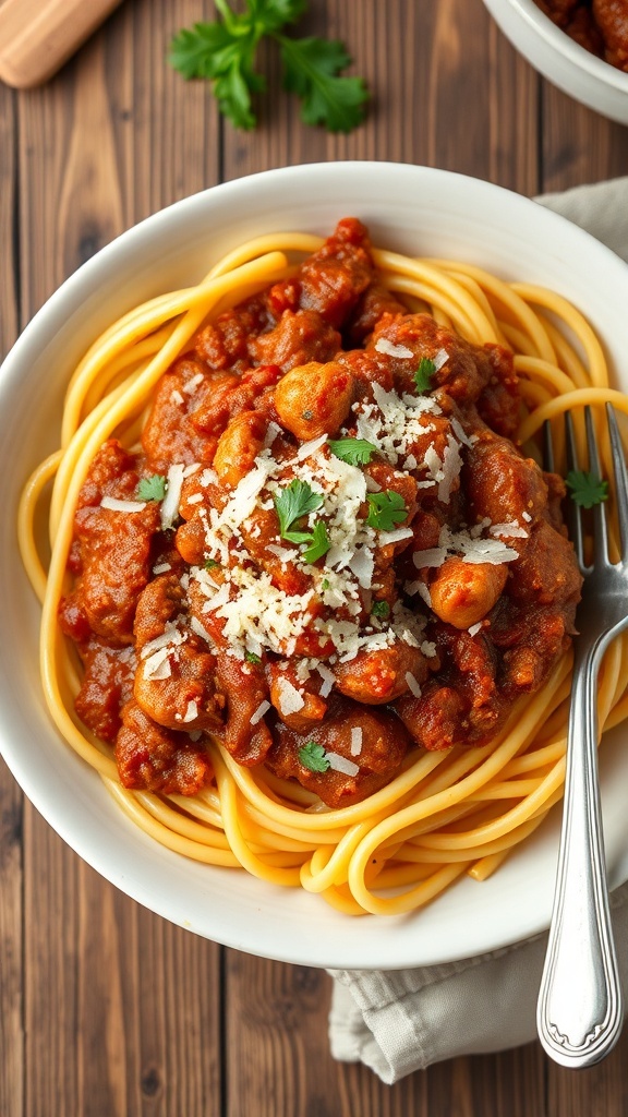 A bowl of spaghetti topped with rich bolognese sauce, garnished with Parmesan cheese and parsley on a rustic table.