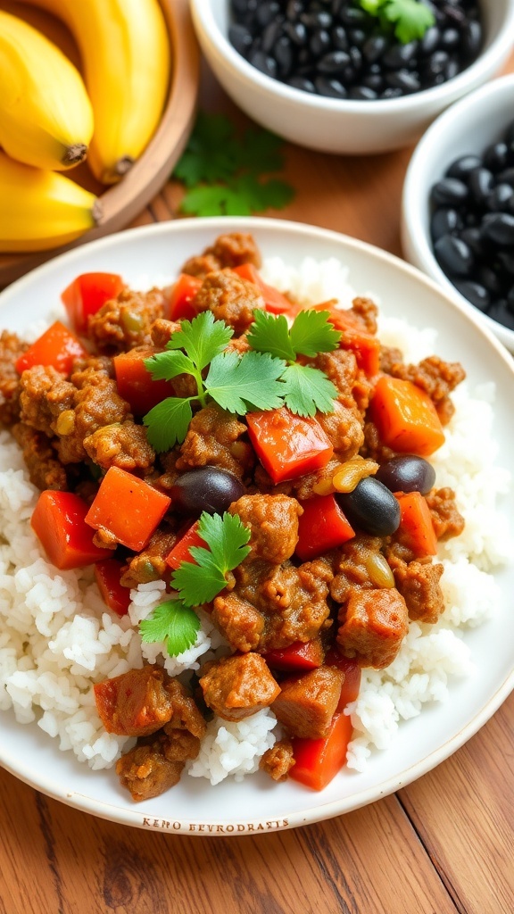 A plate of Cuban Picadillo with ground beef, olives, and tomatoes served over rice, garnished with cilantro.