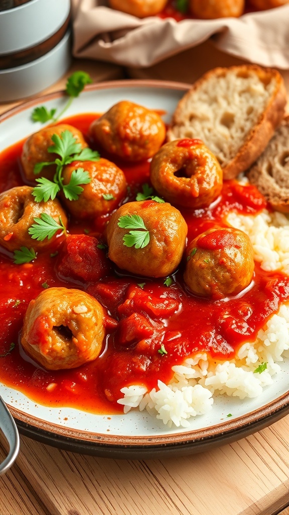 Delicious porcupine meatballs in tomato sauce served with rice and bread on a cozy kitchen table.