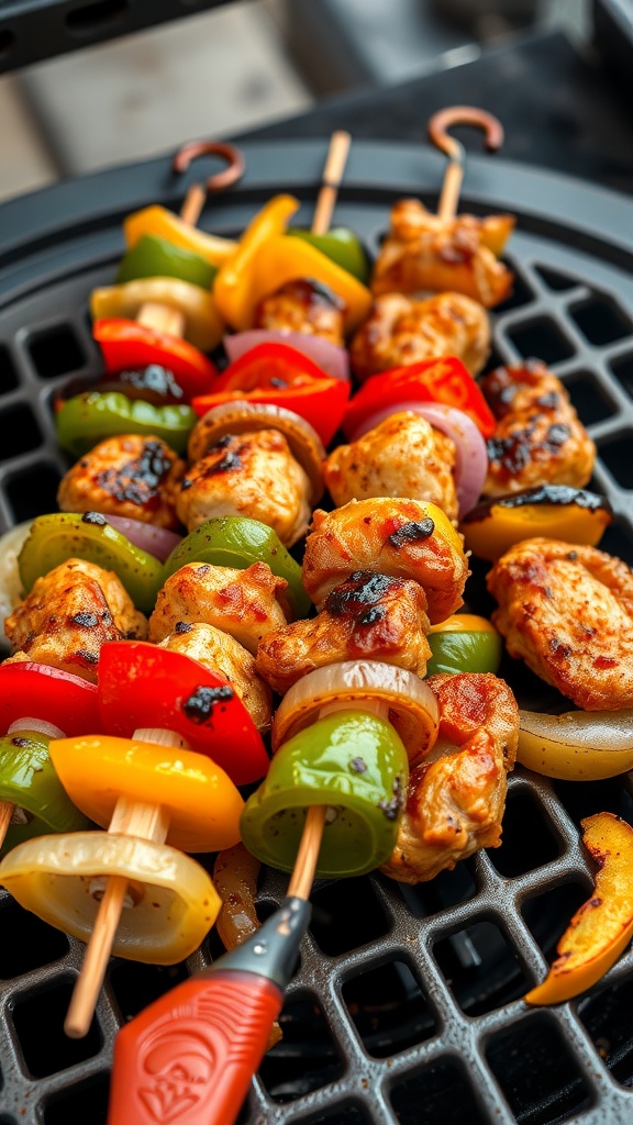 Grilled chicken and colorful bell pepper skewers on a grill.