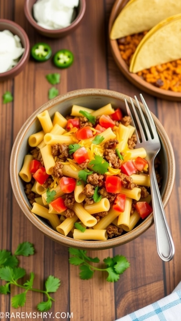 A bowl of One-Pot Taco Pasta with ground beef, tomatoes, and cheese, garnished with cilantro on a wooden table.