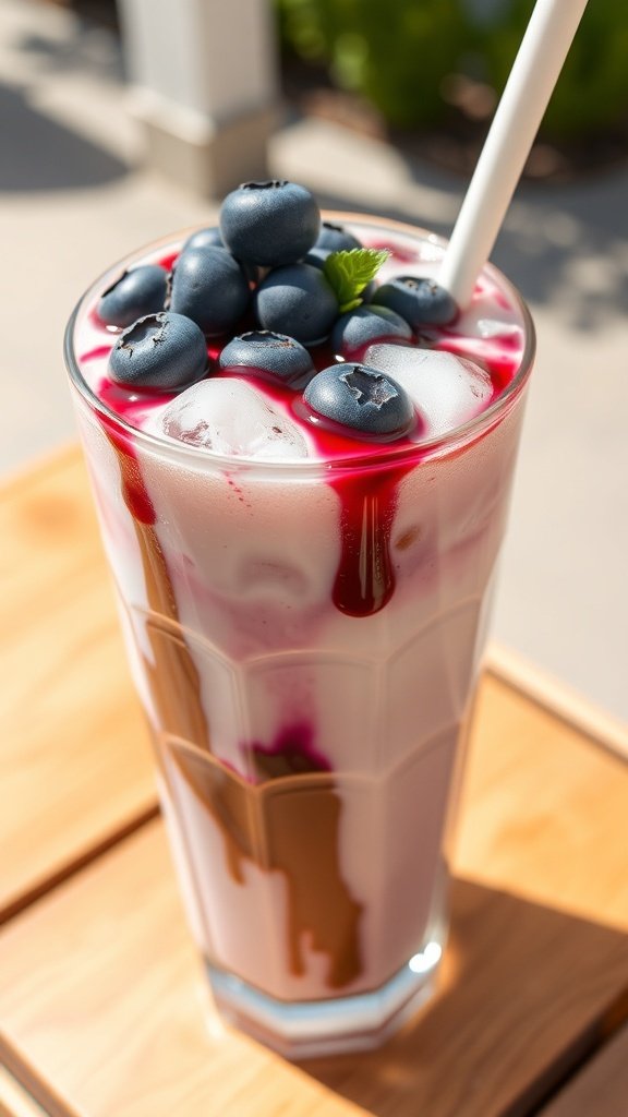 Iced blueberry latte in a glass with ice, milk, and blueberry syrup, garnished with fresh blueberries.