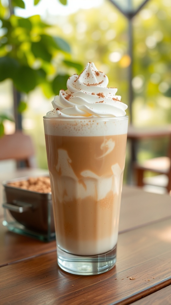 A glass of iced cloud coffee with whipped topping, coconut water, and oat milk, garnished with cocoa powder, on a wooden table.
