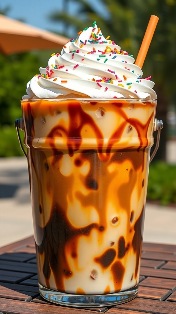 A refreshing oversized iced coffee bucket with whipped cream and sprinkles, ideal for sharing.