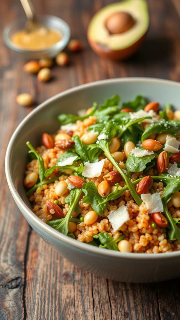 A colorful farro salad with arugula, pistachios, and Parmesan on a wooden table.