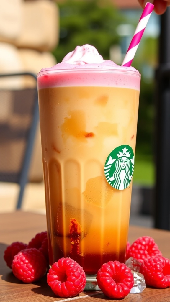 A glass of raspberry cream cold brew coffee topped with raspberry foam and fresh raspberries, set in a sunny outdoor environment.