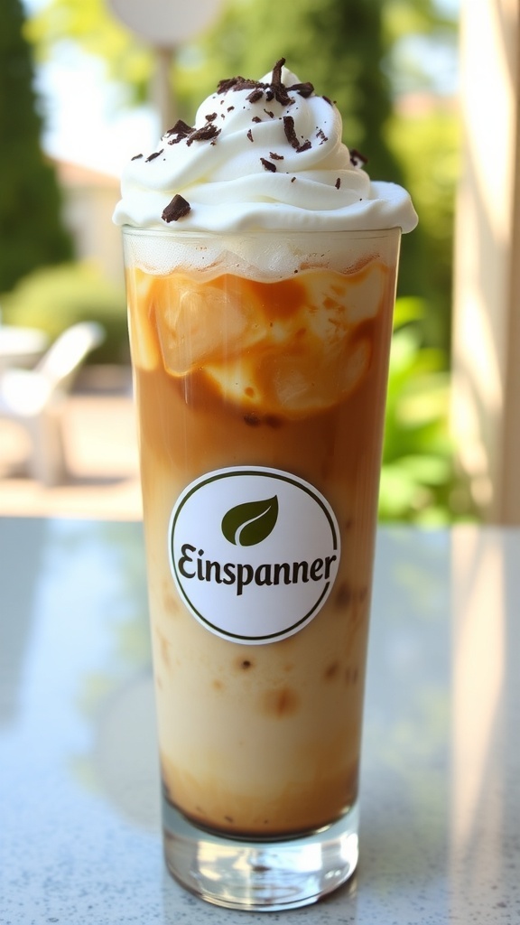 Iced Einspänner Coffee Recipe Iced Einspänner coffee in a tall glass with whipped cream and chocolate shavings, set in a sunny outdoor environment.