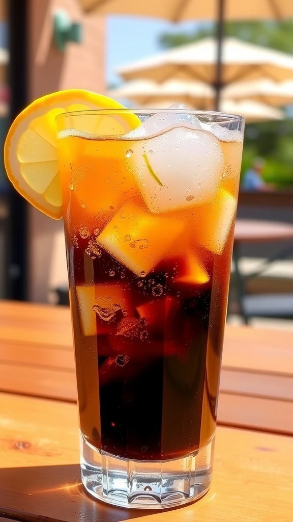 A glass of espresso tonic with ice and lemon slice, set in a bright outdoor environment.