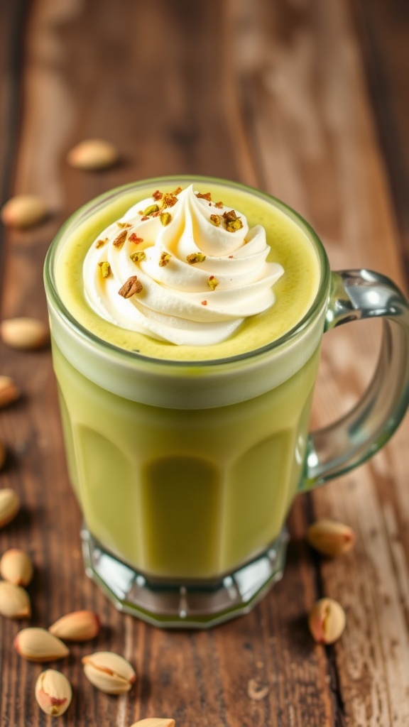 Creamy Pistachio Latte Recipe A creamy pistachio latte in a glass mug topped with whipped cream and crushed pistachios on a wooden table.