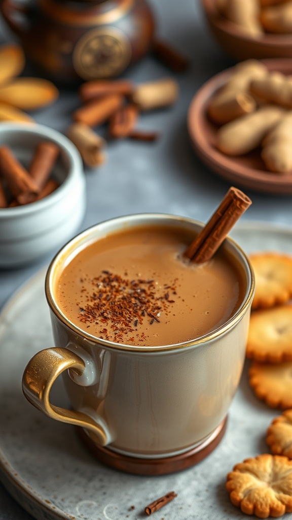 Spiced Masala Coffee Recipe A cup of spiced masala coffee with cinnamon, served with biscuits on a cozy table.