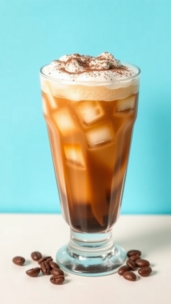 Iced Espresso Shakerato Recipe A frothy iced espresso Shakerato in a clear glass with cocoa powder on top, surrounded by coffee beans.