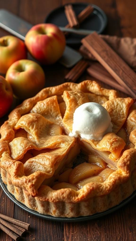 Classic Apple Pie Recipe A golden-brown apple pie with a slice cut out, revealing spiced apple filling, served with a scoop of vanilla ice cream.