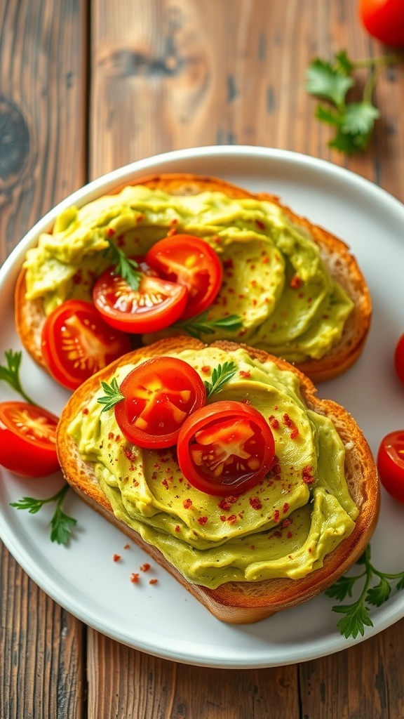 Classic Avocado Toast Recipe Two slices of avocado toast topped with tomatoes and herbs on a wooden plate.