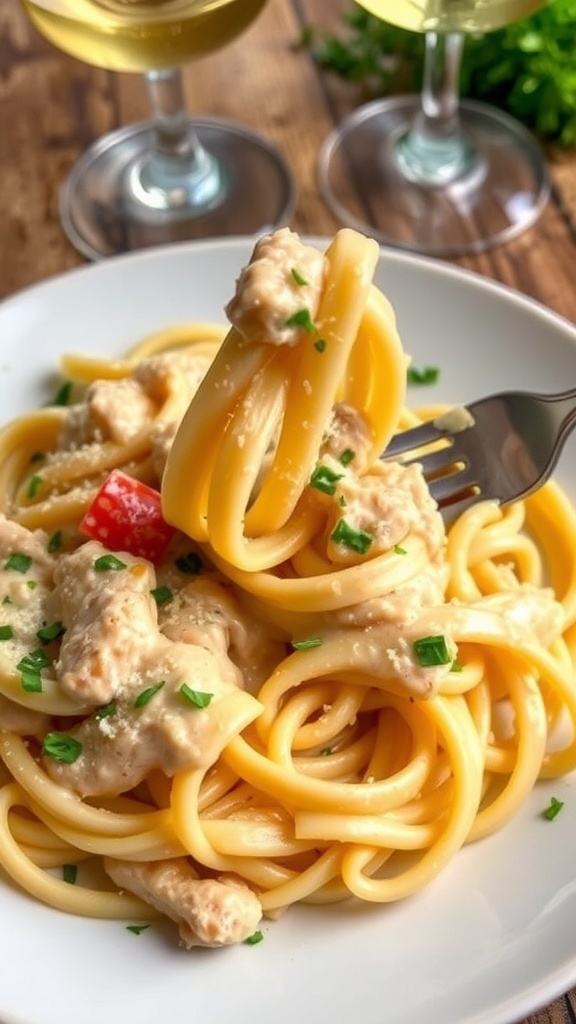 Creamy chicken Alfredo pasta with fettuccine, garnished with Parmesan and parsley, served on a rustic table.