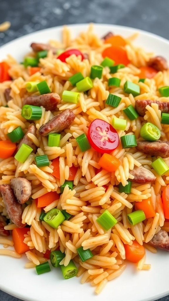 A plate of Chao Fan, featuring fried rice with vegetables and meats.