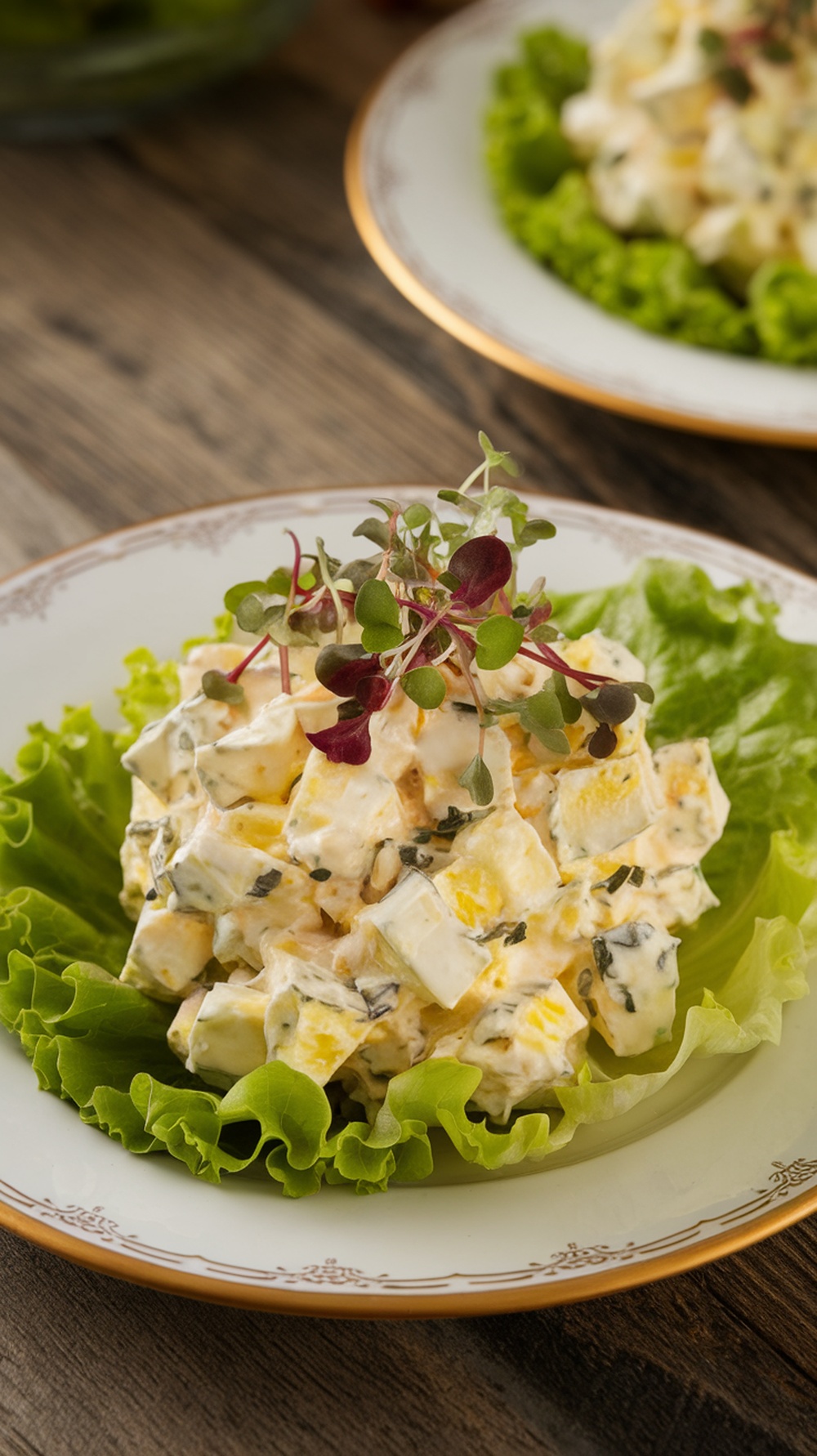 Gourmet Egg Salad Recipe Gourmet egg salad on lettuce with herbs, served elegantly on a rustic table.