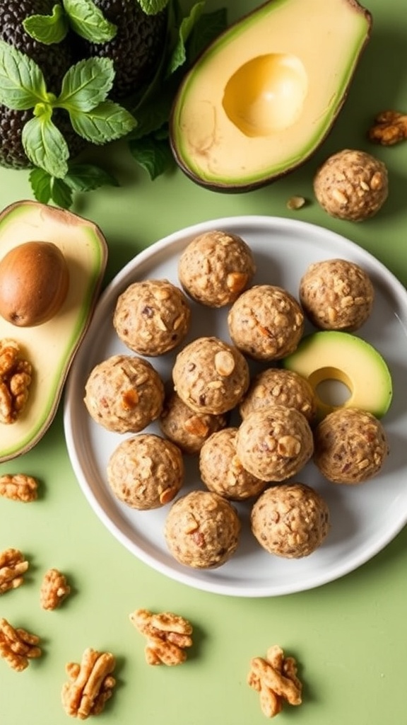 A plate of avocado and walnut energy bites with fresh avocados and walnuts around.