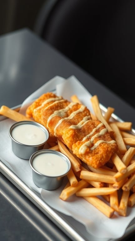 A plate of fish and chips with two pieces of fried fish, crispy fries, and two small cups of dipping sauce.