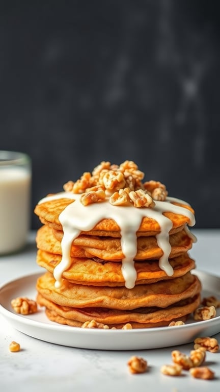 A stack of carrot cake pancakes topped with creamy glaze and popcorn, served with a glass of milk.