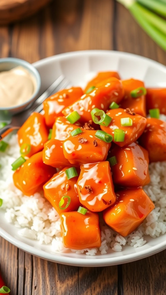 Spicy Hot Orange Chicken Recipe Crispy hot orange chicken with orange sauce, garnished with green onions and sesame seeds, served over rice.