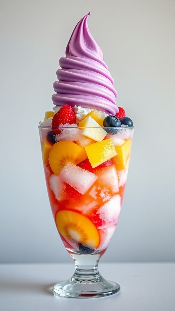 A tall glass filled with halo-halo, featuring colorful fruits, shaved ice, and purple ube ice cream on top.