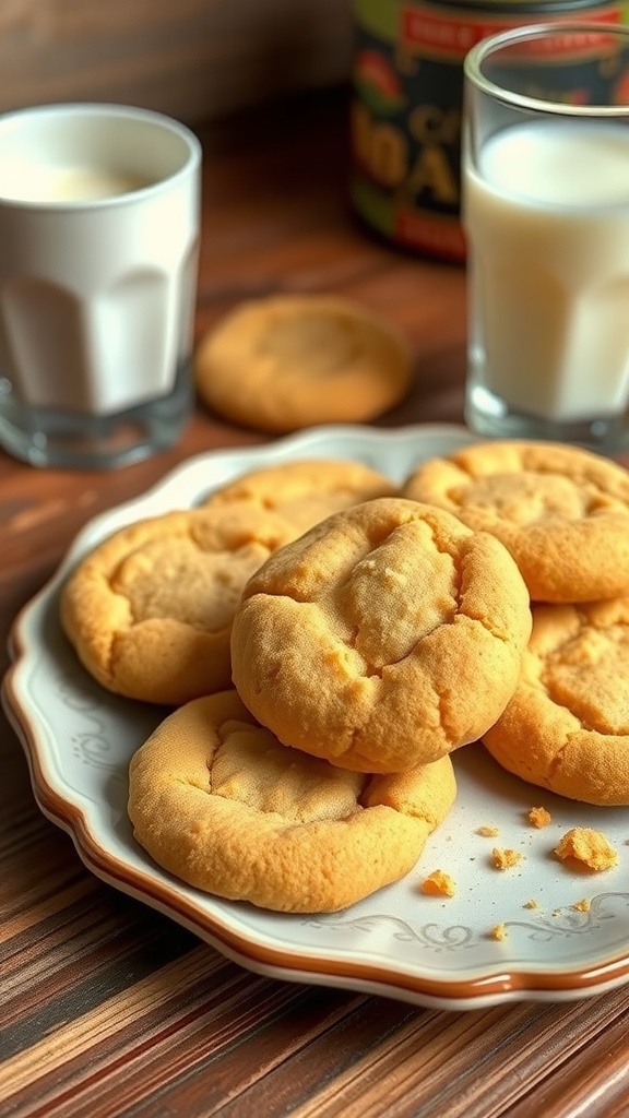 Three-Ingredient Retro Cookies Recipe A plate of three-ingredient retro cookies, golden and chewy, served with a glass of milk.