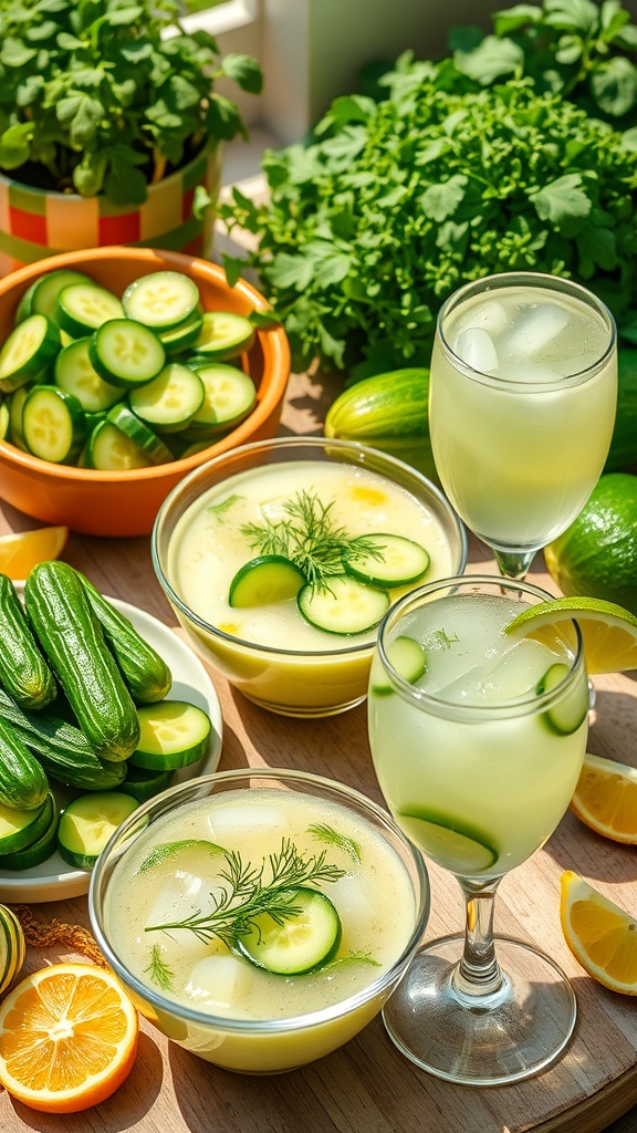 A colorful assortment of cucumber dishes including salad, soup, and margarita on a sunny table.