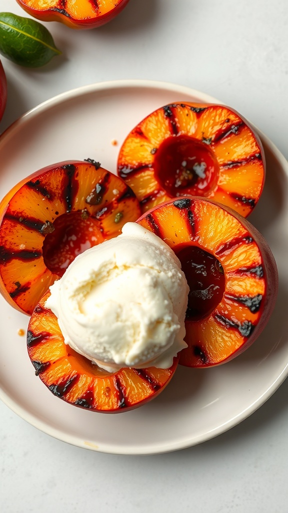 Grilled peaches with ice cream on a plate.