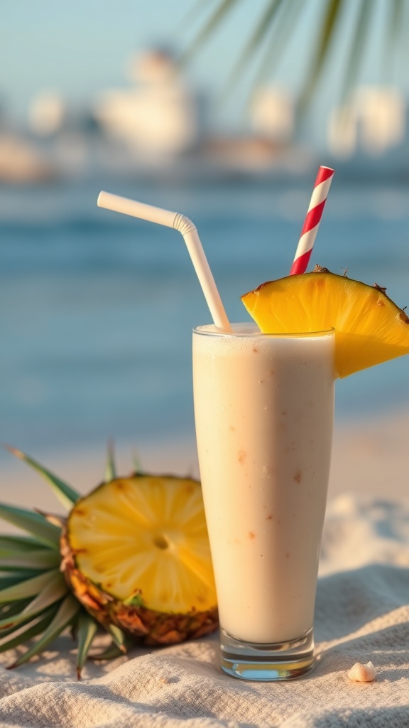 A refreshing pineapple coconut smoothie served in a glass with a straw and a slice of pineapple on the rim.
