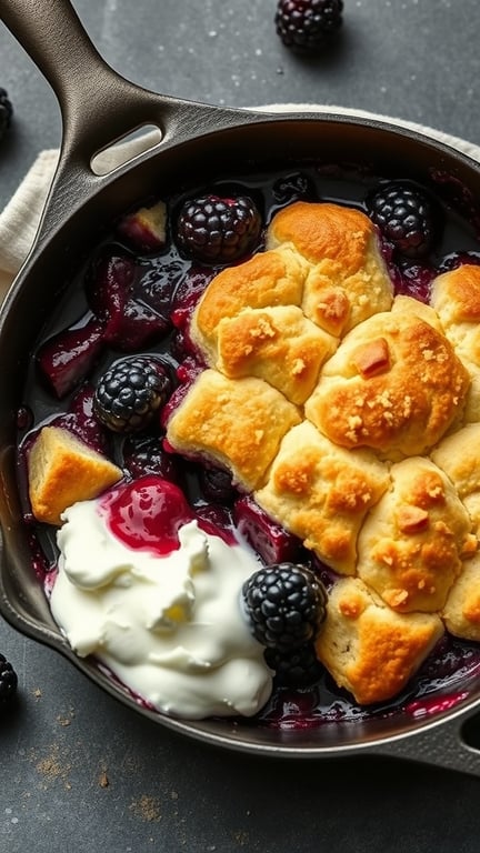 A delicious blackberry cobbler with a golden biscuit topping served in a skillet.