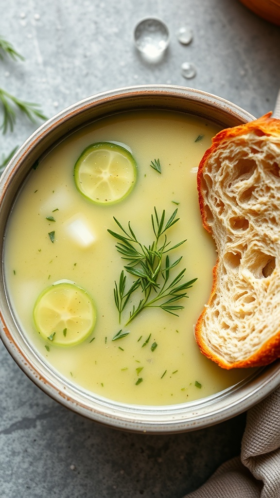 A bowl of chilled cucumber soup garnished with cucumber slices and herbs, accompanied by a piece of bread.