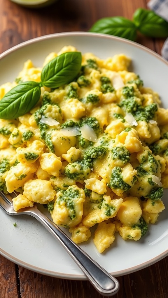 Pesto Scrambled Eggs Recipe Scrambled eggs with pesto, garnished with basil and Parmesan, on a wooden table.