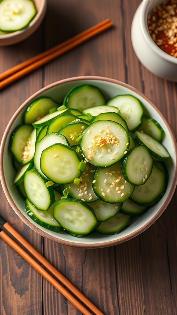 A bowl of garlic sesame cucumber salad with cucumber slices, sesame seeds, and green onions on a wooden table.