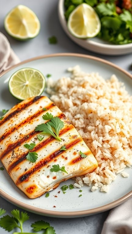Grilled tilapia fillet served with rice, lime wedges, and fresh cilantro.