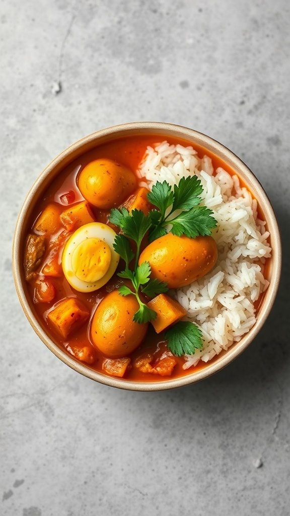 A bowl of spicy egg and potato curry with rice and cilantro
