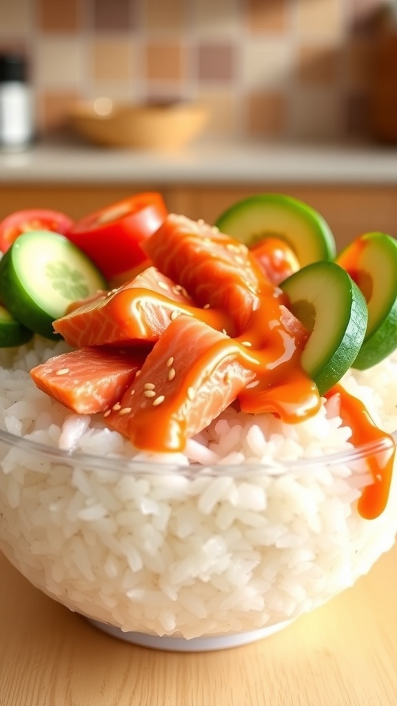 A colorful leftover salmon rice bowl with salmon, rice, vegetables, and sriracha mayo.
