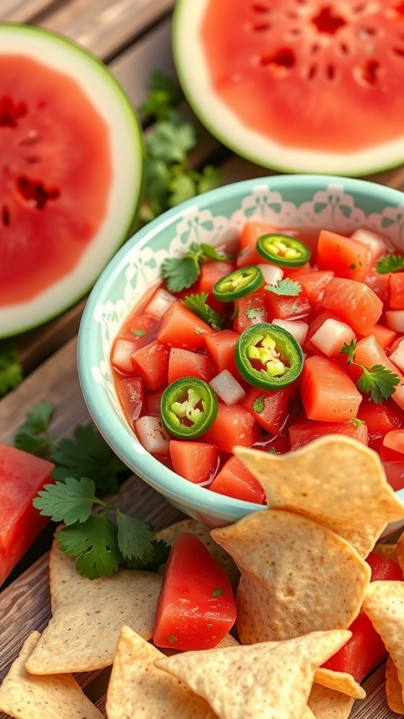A bowl of spicy watermelon salsa with chopped watermelon, jalapeños, and cilantro, surrounded by tortilla chips and fresh watermelon slices.