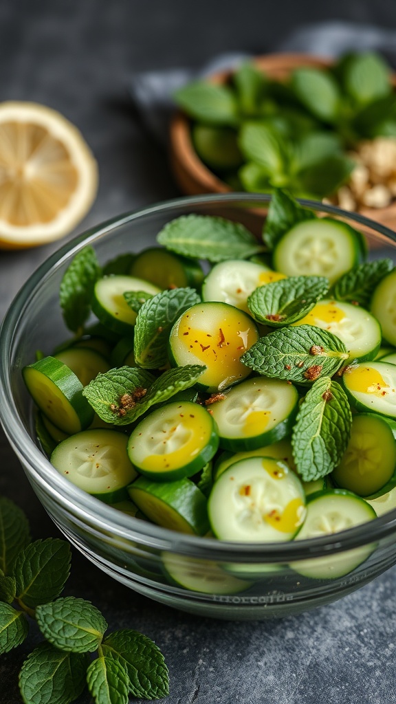 A bowl of cucumber mint salad with sliced cucumbers and fresh mint leaves.