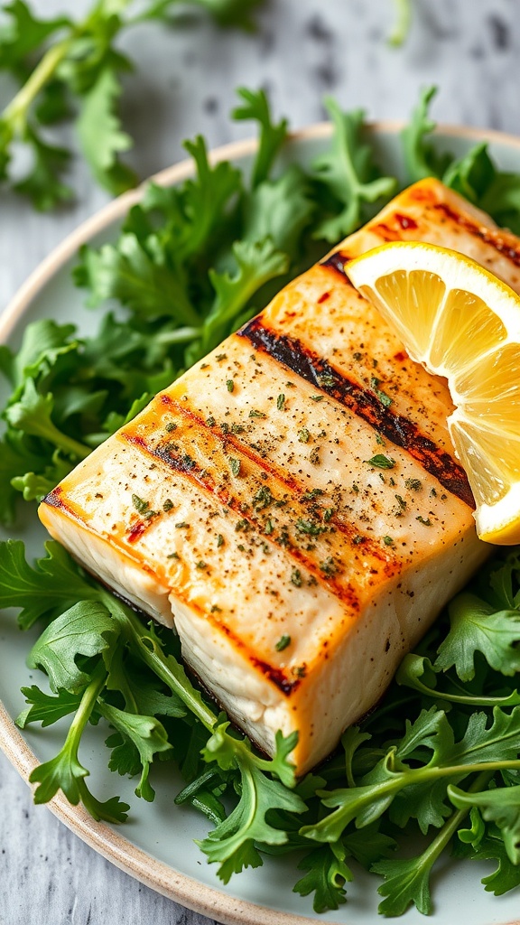 Grilled salmon with lemon on a bed of greens.