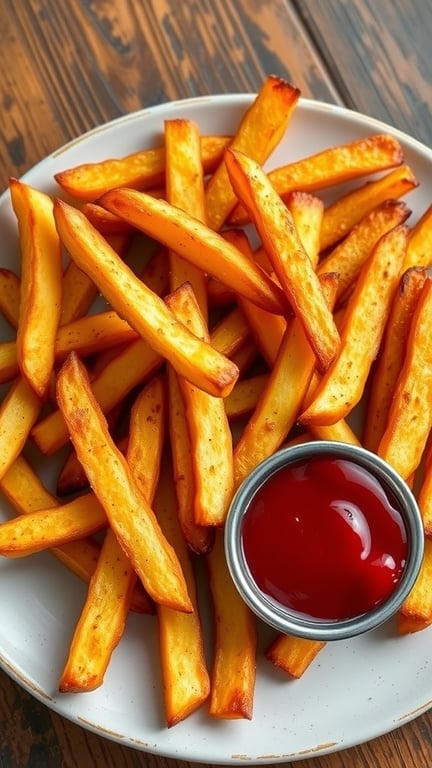 Crispy Air Fryer Steak Fries Recipe Crispy air fryer steak fries on a plate with ketchup, showcasing golden brown color and thick cut.