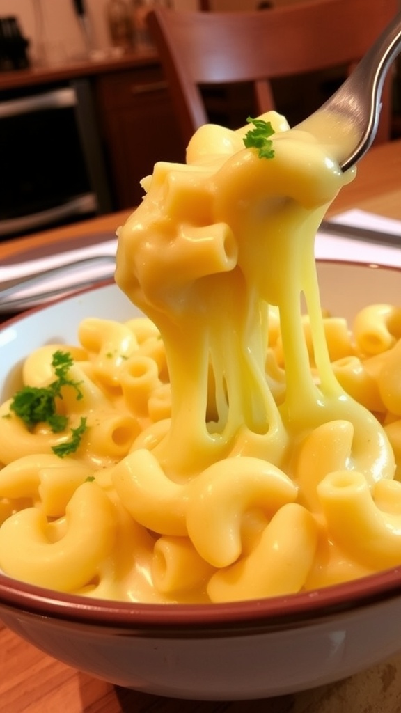 Tini A bowl of ultra creamy mac and cheese with melted cheese and parsley garnish on a wooden table.