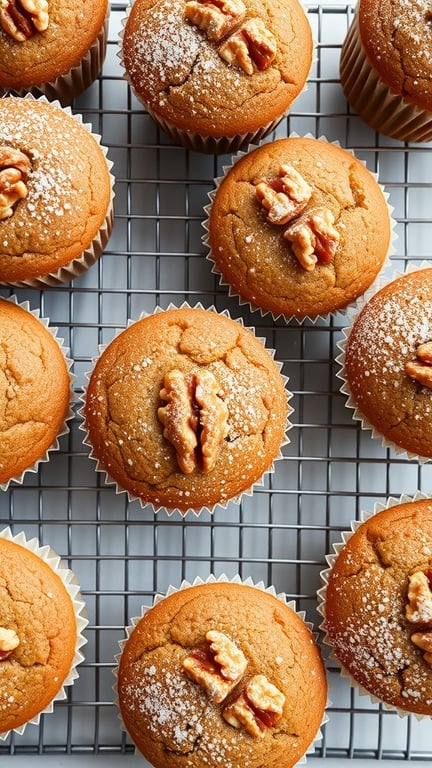 Freshly baked carrot muffins topped with walnuts on a cooling rack.