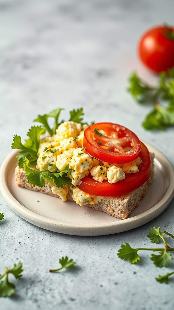 A zesty egg salad sandwich with tomatoes and cilantro on a plate.