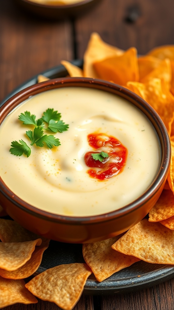 3-Ingredient Cottage Cheese Queso Dip Recipe Creamy cottage cheese queso dip in a bowl with tortilla chips, garnished with cilantro.
