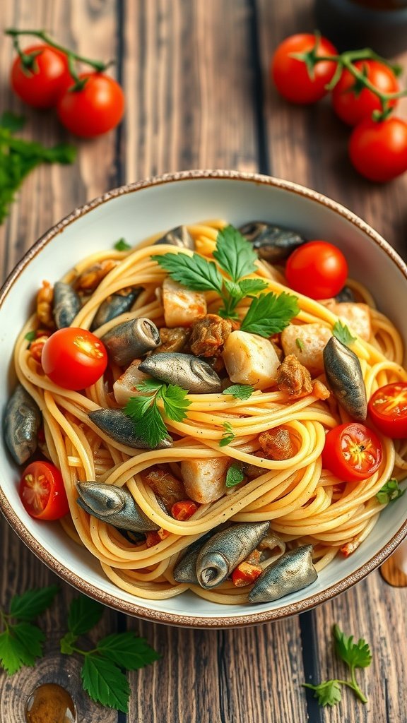 Mediterranean pasta with canned fish, garnished with parsley and tomatoes, served in a rustic bowl.