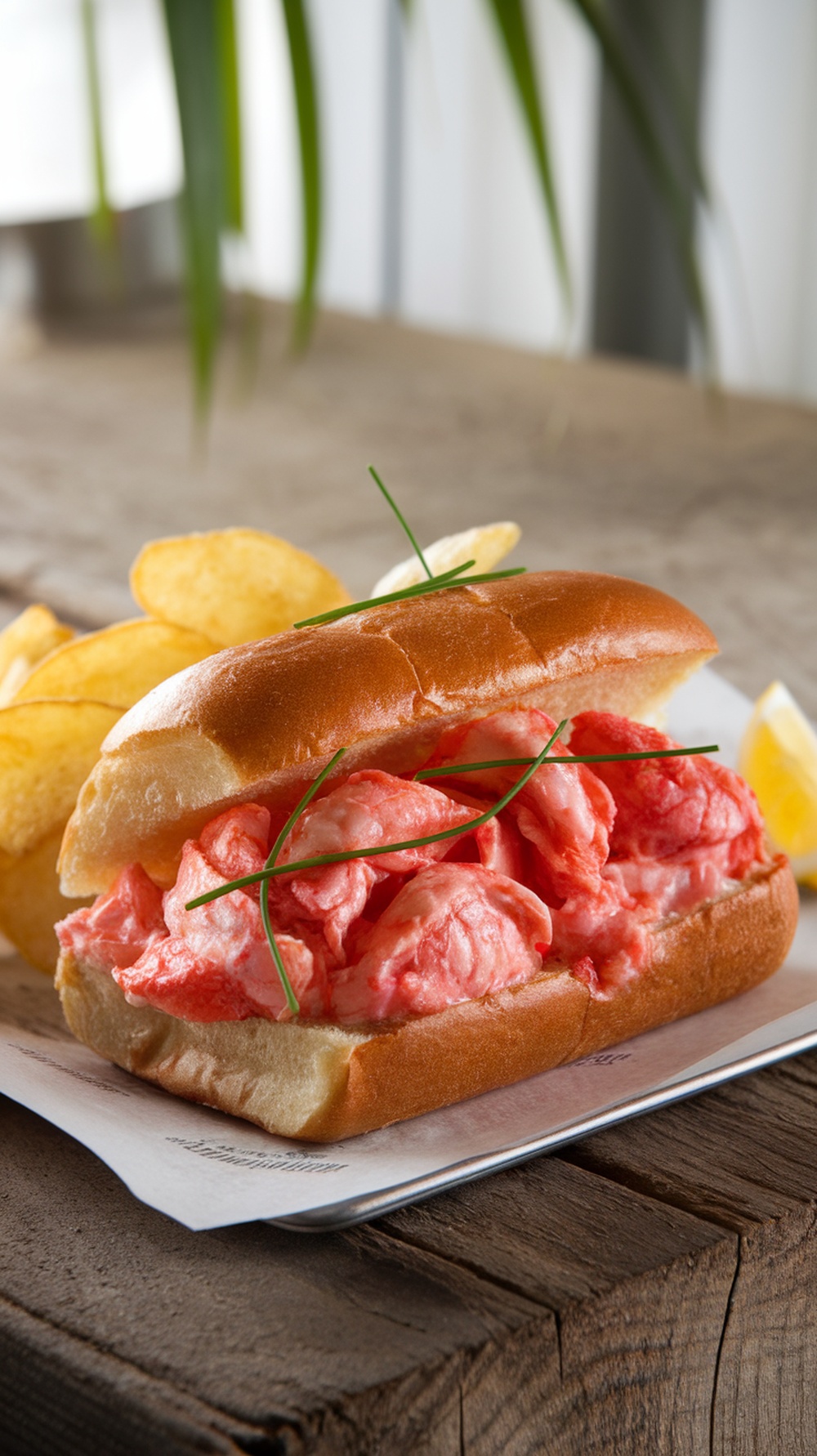 Connecticut-Style Lobster Rolls Recipe Connecticut-style lobster roll with lobster meat in a toasted bun, garnished with chives, served with potato chips.