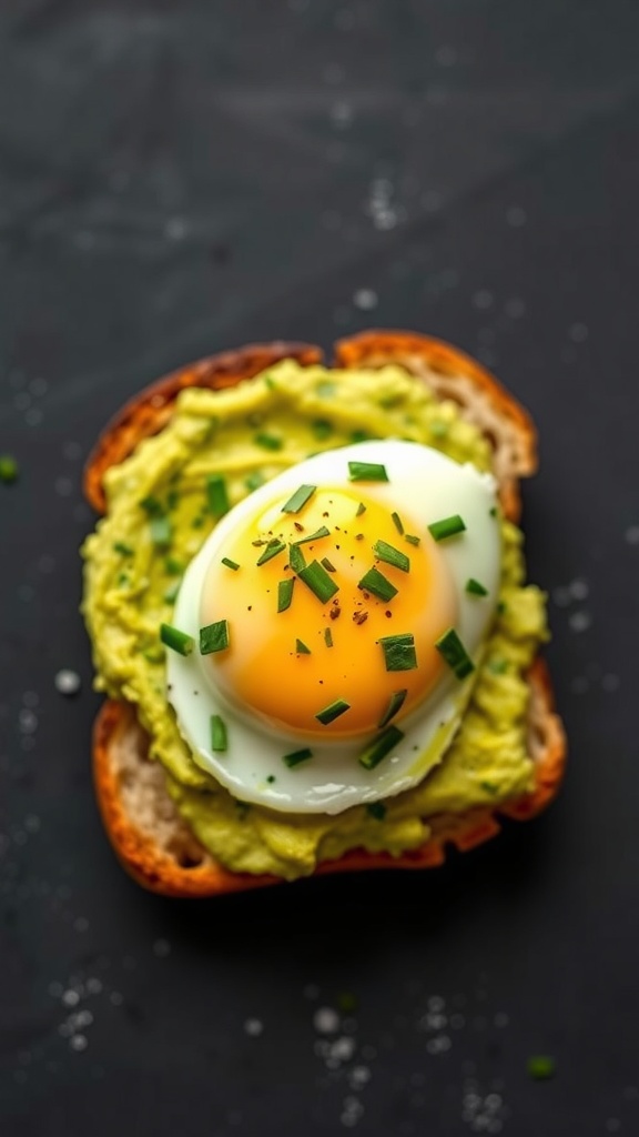 A slice of toast topped with mashed avocado and a poached egg, garnished with chives.