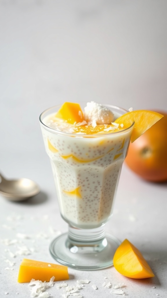 A glass of mango coconut chia pudding topped with mango slices and coconut flakes.